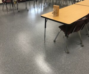 A classroom with brown chairs around light-colored tables arranged in a U-shape, a window at the back, some bags and books on shelves, and an epoxy flooring Connecticut finish for added durability. A wooden object with a glass dome sits on a table. A classroom with brown chairs around light-colored tables arranged in a U-shape, a window at the back, some bags and books on shelves, and an epoxy flooring Connecticut finish for added durability. A wooden object with a glass dome sits on a table.