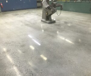 A spacious, empty workshop with anti-slip epoxy floor, a single industrial machine in the center, blue cabinets along the back wall, and fluorescent lights reflecting on the polished surface. A spacious, empty workshop with anti-slip epoxy floor, a single industrial machine in the center, blue cabinets along the back wall, and fluorescent lights reflecting on the polished surface.