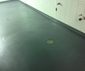 Smooth, dark gray USDA approved flooring with two round metal drains, bordered by white tiled walls with exposed pipe fittings and outlets. Smooth, dark gray USDA approved flooring with two round metal drains, bordered by white tiled walls with exposed pipe fittings and outlets.