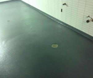 Smooth, dark gray USDA approved flooring with two round metal drains, bordered by white tiled walls with exposed pipe fittings and outlets. Smooth, dark gray USDA approved flooring with two round metal drains, bordered by white tiled walls with exposed pipe fittings and outlets.