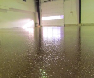 Low-angle view of a shiny, polished concrete floor inside a large, empty warehouse with high ceilings and white walls—ideal for USDA approved flooring or commercial kitchen flooring—with light streaming through a partially open garage door. Low-angle view of a shiny, polished concrete floor inside a large, empty warehouse with high ceilings and white walls—ideal for USDA approved flooring or commercial kitchen flooring—with light streaming through a partially open garage door.