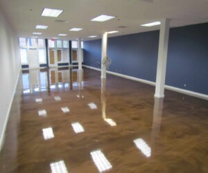 A spacious, empty room with anti-slip epoxy flooring, polished to a shine. White ceiling tiles with fluorescent lights, white walls on the left, and a dark blue accent wall on the right. Large windows and glass doors are visible at the far end. A spacious, empty room with anti-slip epoxy flooring, polished to a shine. White ceiling tiles with fluorescent lights, white walls on the left, and a dark blue accent wall on the right. Large windows and glass doors are visible at the far end.