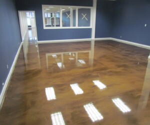 A spacious, empty room with dark blue walls, large windows, and a highly reflective resinous flooring CT, perfectly capturing the reflections of overhead lights. A spacious, empty room with dark blue walls, large windows, and a highly reflective resinous flooring CT, perfectly capturing the reflections of overhead lights.
