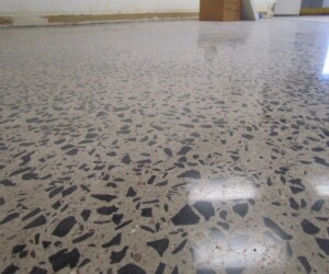 Close-up view of a polished concrete floor with a terrazzo-like pattern of dark stone chips in light grey. This USDA approved flooring features reflections of overhead lights on its shiny, durable finish. Close-up view of a polished concrete floor with a terrazzo-like pattern of dark stone chips in light grey. This USDA approved flooring features reflections of overhead lights on its shiny, durable finish.