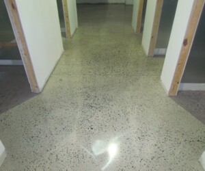 A corridor with polished concrete floors, white walls, and wooden door frames leads to multiple rooms. The anti-slip epoxy floor reflects light, creating a shiny appearance ideal for safe and stylish spaces. A corridor with polished concrete floors, white walls, and wooden door frames leads to multiple rooms. The anti-slip epoxy floor reflects light, creating a shiny appearance ideal for safe and stylish spaces.