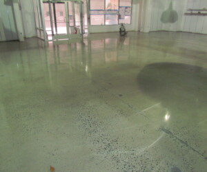 An empty commercial space with industrial floor coating, polished concrete floors, glass double doors, and large front windows. The room is brightly lit with a cleaning machine near the entrance. An empty commercial space with industrial floor coating, polished concrete floors, glass double doors, and large front windows. The room is brightly lit with a cleaning machine near the entrance.