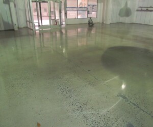 An empty commercial space with industrial floor coating, polished concrete floors, glass double doors, and large front windows. The room is brightly lit with a cleaning machine near the entrance. An empty commercial space with industrial floor coating, polished concrete floors, glass double doors, and large front windows. The room is brightly lit with a cleaning machine near the entrance.