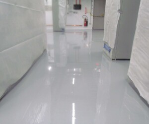 A clean, shiny, light gray USDA approved flooring epoxy-coated floor in a hallway, with walls covered in protective white sheets and a fire extinguisher mounted in the background—ideal for industrial or laboratory settings. A clean, shiny, light gray USDA approved flooring epoxy-coated floor in a hallway, with walls covered in protective white sheets and a fire extinguisher mounted in the background—ideal for industrial or laboratory settings.