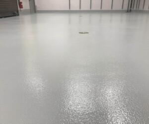 A smooth, shiny, light gray anti-slip epoxy floor with a central drain, reflecting light from above. The empty space features white walls, some visible pipes, and garage door tracks—ideal inspiration for commercial kitchen flooring. A smooth, shiny, light gray anti-slip epoxy floor with a central drain, reflecting light from above. The empty space features white walls, some visible pipes, and garage door tracks—ideal inspiration for commercial kitchen flooring.