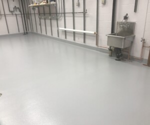 A clean, empty utility room with a smooth gray anti-slip epoxy floor, wall-mounted utility sink, exposed pipes, and shelves holding various items along the back wall. A clean, empty utility room with a smooth gray anti-slip epoxy floor, wall-mounted utility sink, exposed pipes, and shelves holding various items along the back wall.