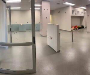 A spacious, empty room with light gray industrial floor coating, white walls, glass doors, exposed outlets, and a few construction materials and tools scattered around, suggesting ongoing renovation or setup. A spacious, empty room with light gray industrial floor coating, white walls, glass doors, exposed outlets, and a few construction materials and tools scattered around, suggesting ongoing renovation or setup.